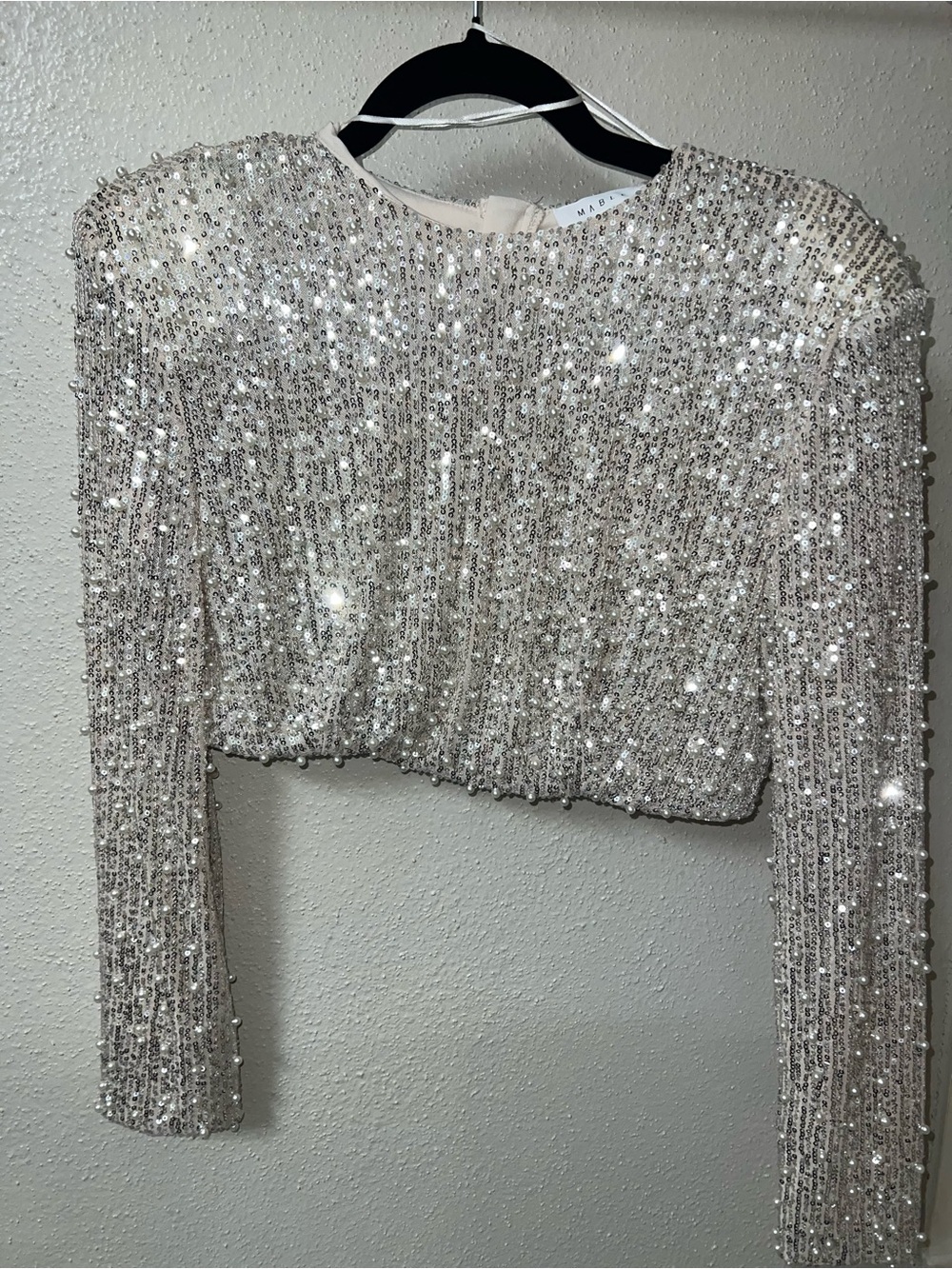 Beaded Silver Sequin Long-Sleeve Crop Top